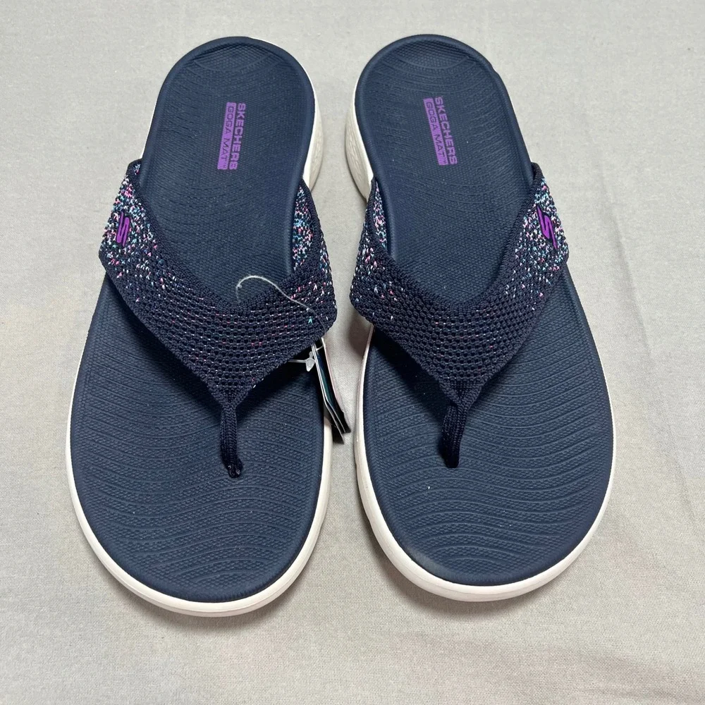 Skechers GoWalk Sandals Navy Multi Knit Thong Flip Flop Comfort Sporty Womens 11